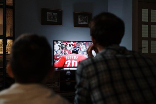 An adult fan watching a fight night broadcast at home