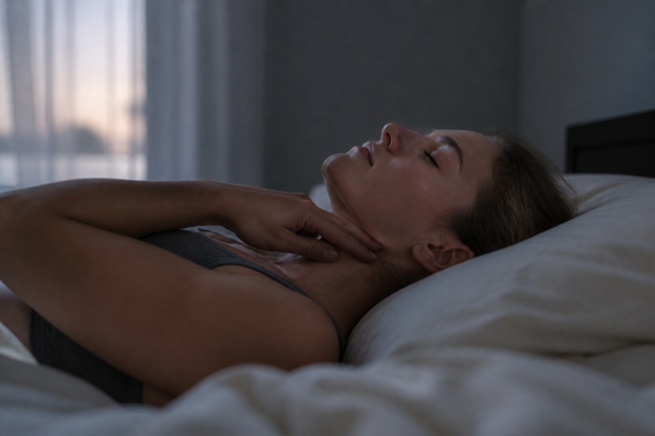 Woman resting in bed, hand on neck, serene expression