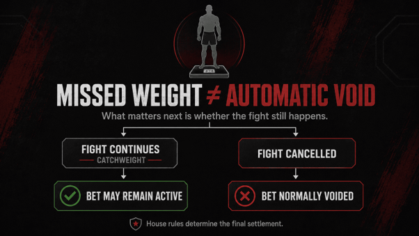 Does Missing Weight Void an MMA Bet? Decision flow showing that an MMA fighter missing weight may leave a bet active if the fight continues or void it if the bout is cancelled