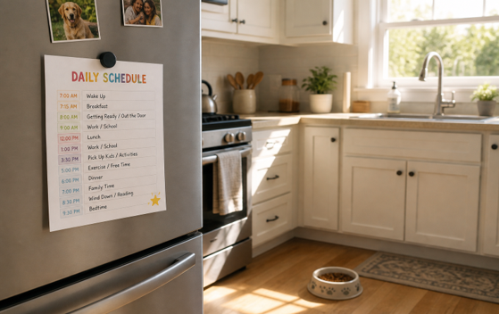 Kitchen fridge with daily schedule and photos attached
