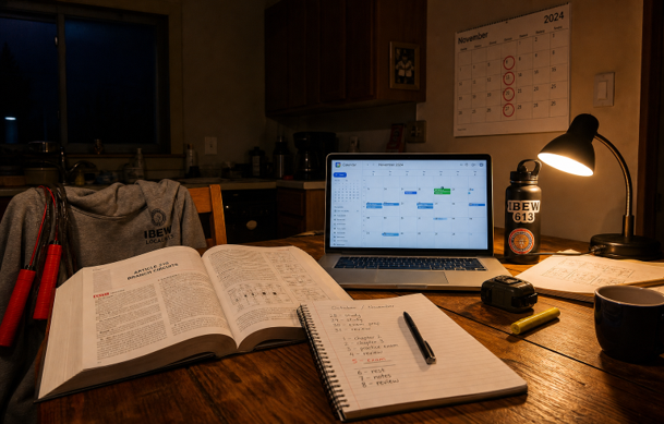 Study setup with open book, laptop, and lamp on desk