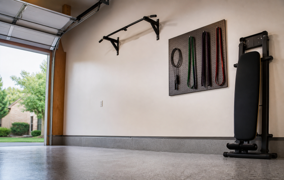 Home gym in garage with wall-mounted equipment