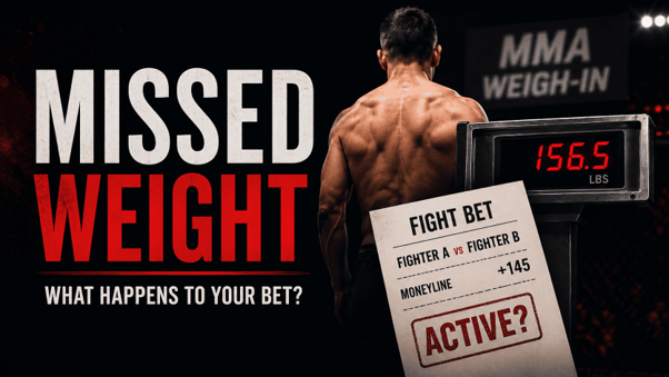 UFC Fighter Missed Weight: What Happens to Your Bet? MMA fighter at a weigh-in beside a scale showing 156.5 pounds and a betting slip asking whether the wager remains active